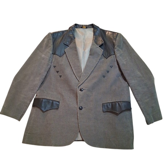 Pioneer Wear Other - Vtg Pioneer Wear Men's Western Blazer Jacket Gray Corduroy Black Leather USA